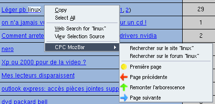 Menu contextuel du navigateur Menu contextuel du navigateur
