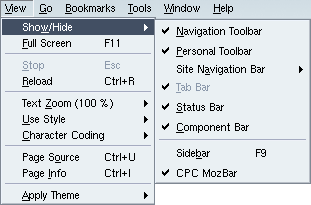 Afficher/Masquer la barre d'outils avec Mozilla ou Netscape Le menu d'Affichage
